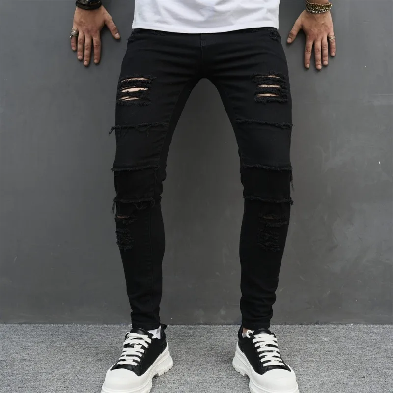 Jeans Men's European and American Men's Jeans Ripped Locomotive Pleated Pants Trendy Men's Classic