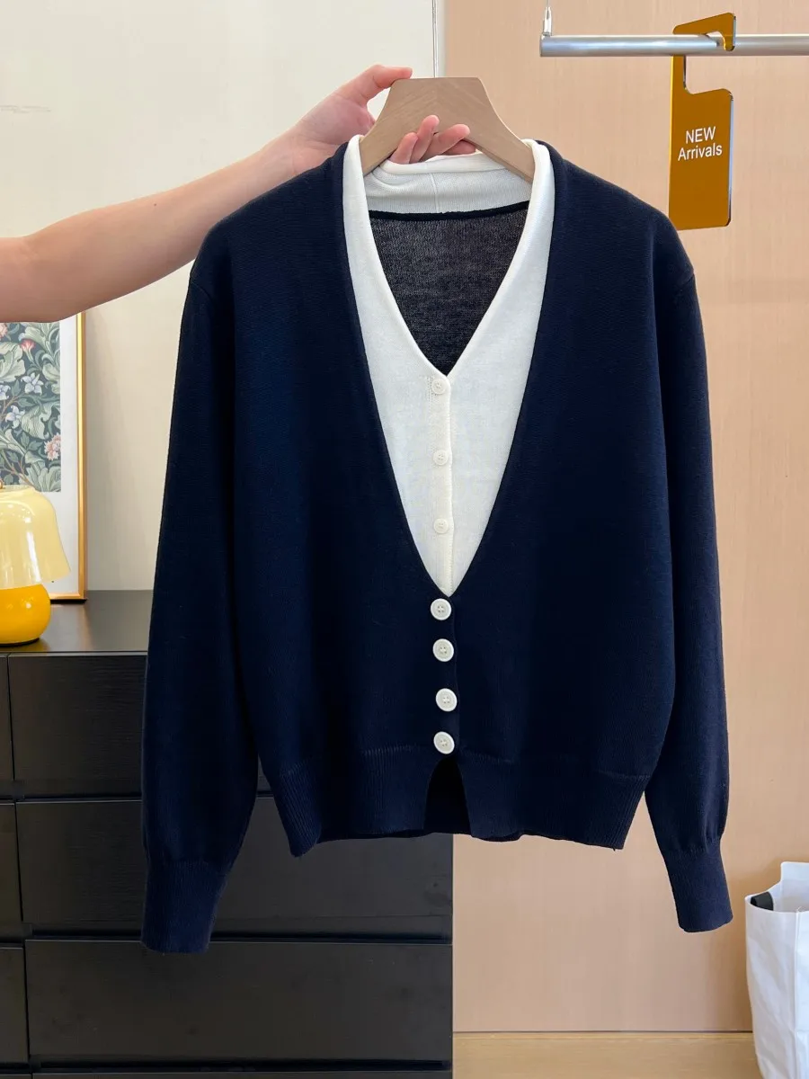 Cardigans for Women V-Neck Long Sleeve Stretch Sweater Autumn Fashion Single Breasted Female Knitted Coat Fake Two-piece Set