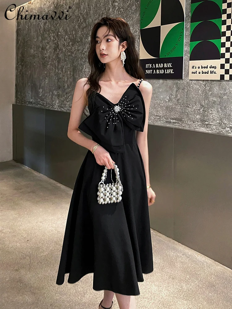 

High-end Luxury Black Sling Evening Dress V-neck Sleeveless Bead Bow High Waist Slim A-line Elegant Celebrity Long Dress Women