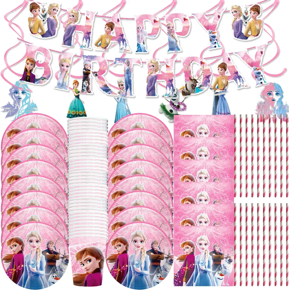 Disney Pink Frozen Theme Party Supplies Disposable Tableware Paper Cups Napkins Plates Banners Elsa And Anna Birthday Decoration