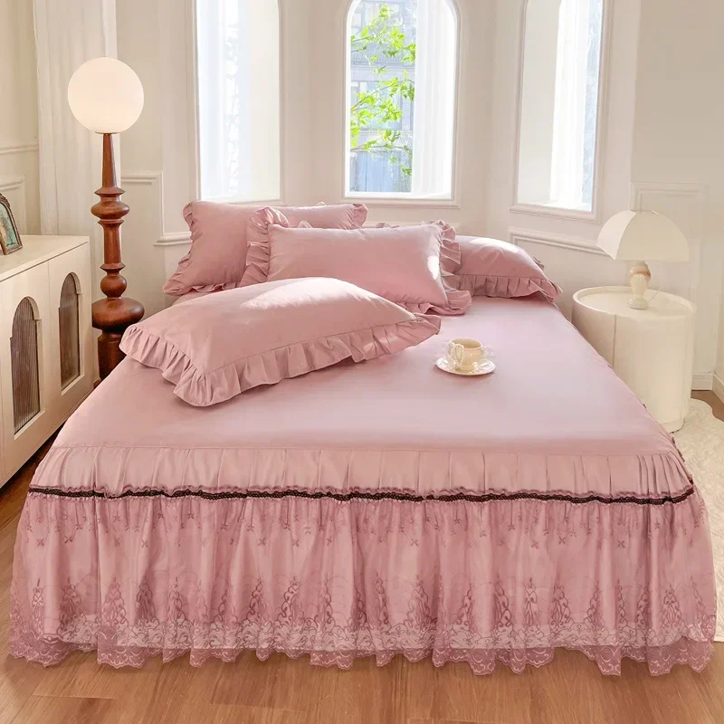 

2024 new skin-friendly polished bedspread bed skirt princess style solid color lace bed apron cover ugly and non-slip