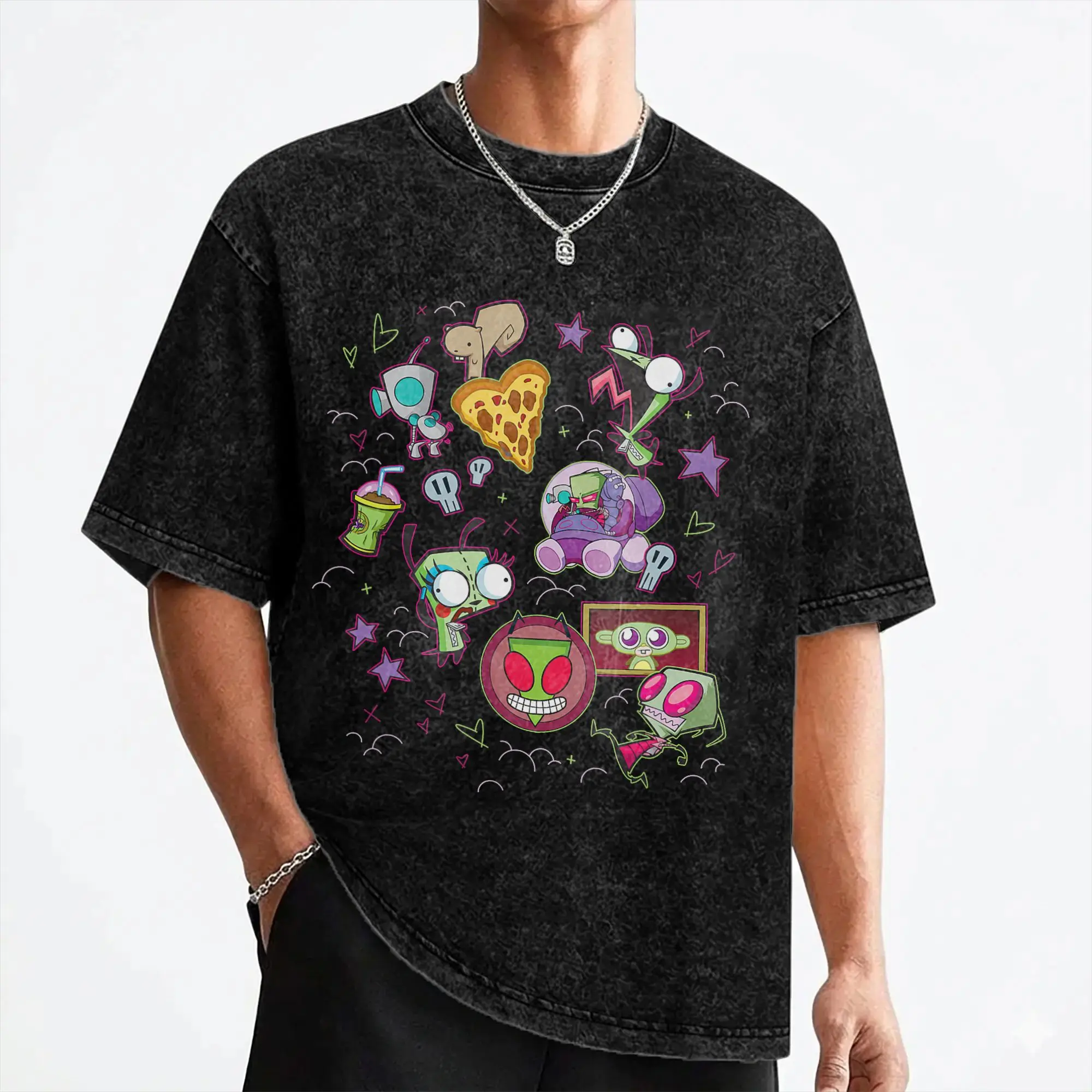 Cartoon Invaders Zim Gir Washed T Shirts Streetwear Fashion T-Shirts  Tees Tops for Men Women Short Sleeve Graphic Printed