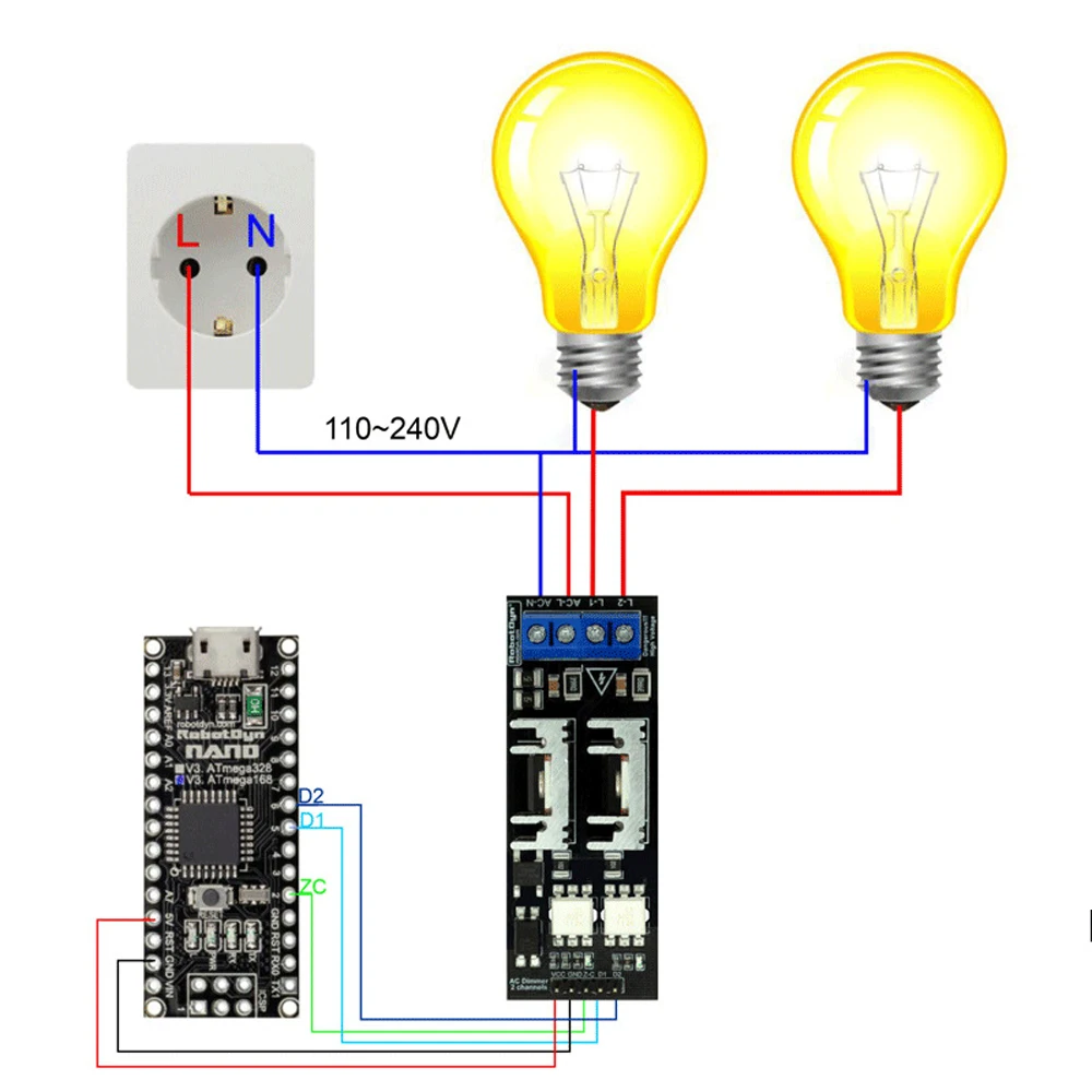 

2 Channel 3.3V/5V Logic AC 50/60H 220V/110V Light Dimmer Module for Lamps Elements Fans Pumps Air Cleaner
