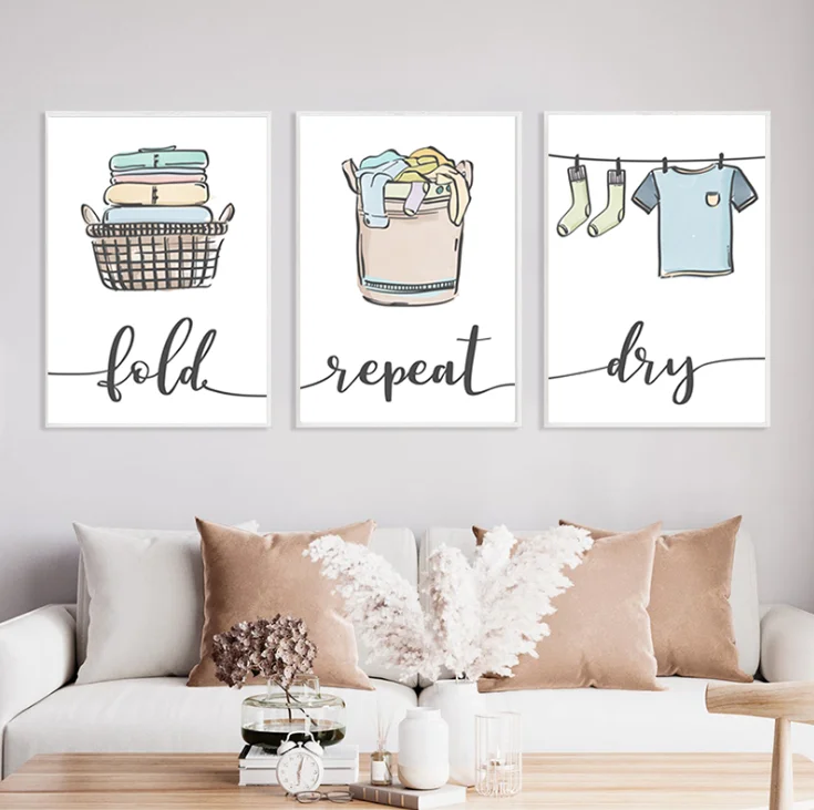 Colorful Laundry Room Decoration Canvas Painting Wash Dry Fold Repeat Quote Art Prints Symbol Guide Posters Utility Room Decor