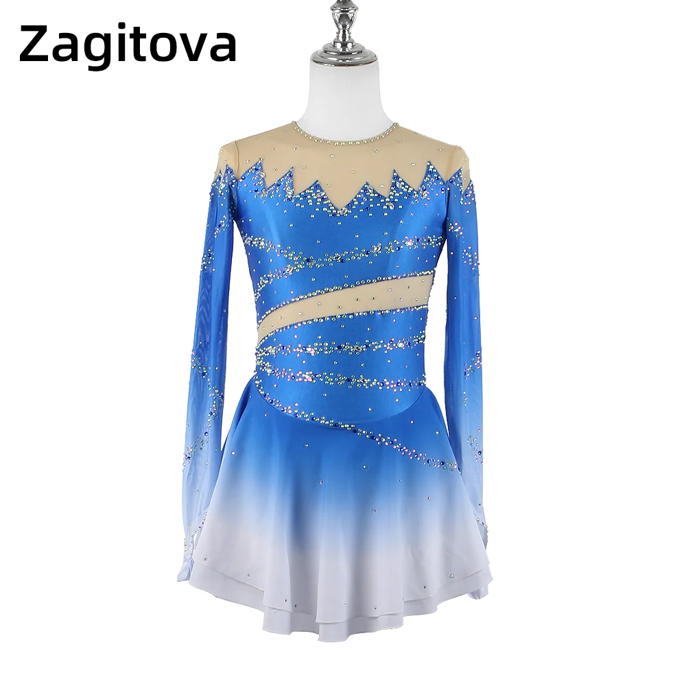

Zagitova Figure Skating Dress Women Girls Ice Skating Skirt Blue Gradient Shiny Diamond Mesh Skirt Gymnastics Competition