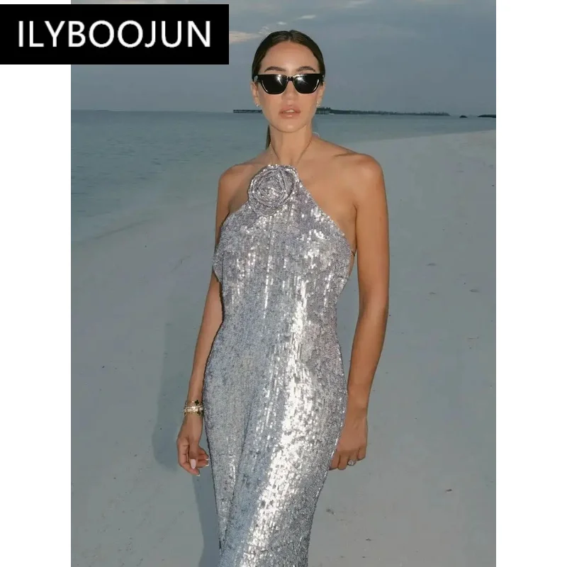 Women Sexy Halter Flower Sparkly Sequins Glitter Silver Long Bodycon Dress Party Evening Birthday Dress Costume Vestido