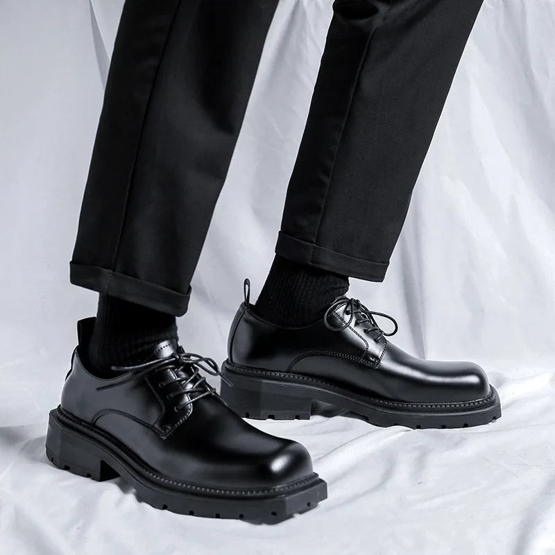 

New British Vintage Men Casual Leather Shoes Square Toe Lace-up Business Formal Dress Loafers Wedding Designer Shoes Black