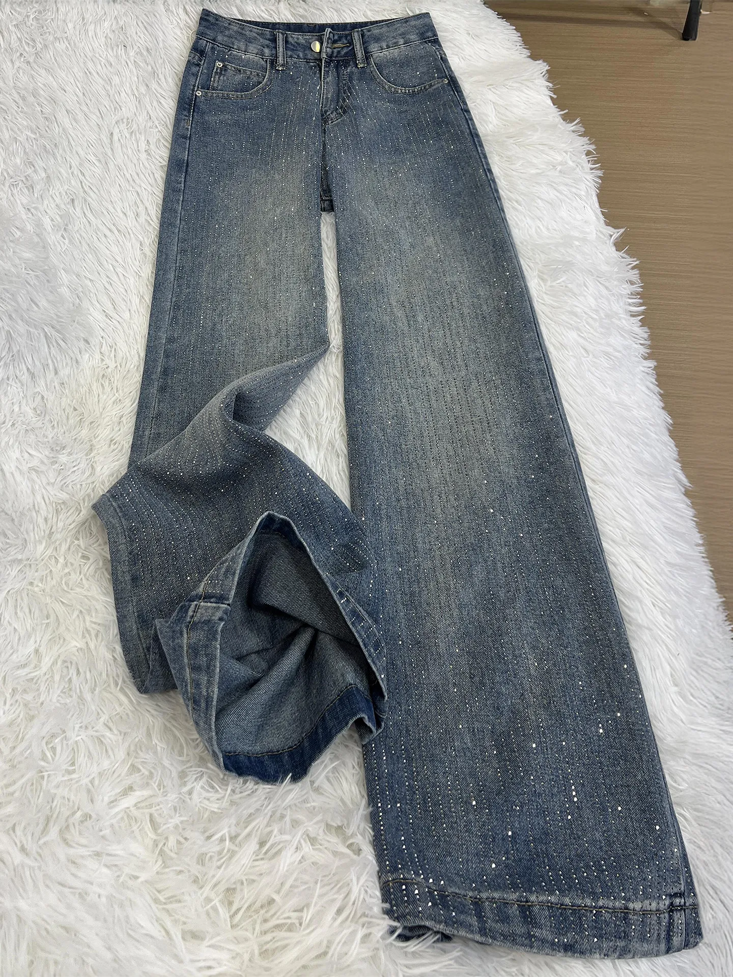 

Blue High Waist Fleece Lined Wide Leg Jeans Women's Autumn Winter Loose Fit Flattering Straight Cut Pants Diamond Embellished