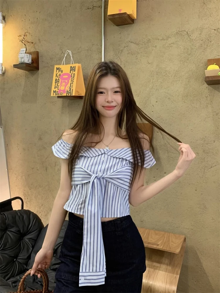

Blue Striped ort Sve irt Women's Summer New Sle Korean Design Slim Fit oulder Bared Tie Waist Length Blouse
