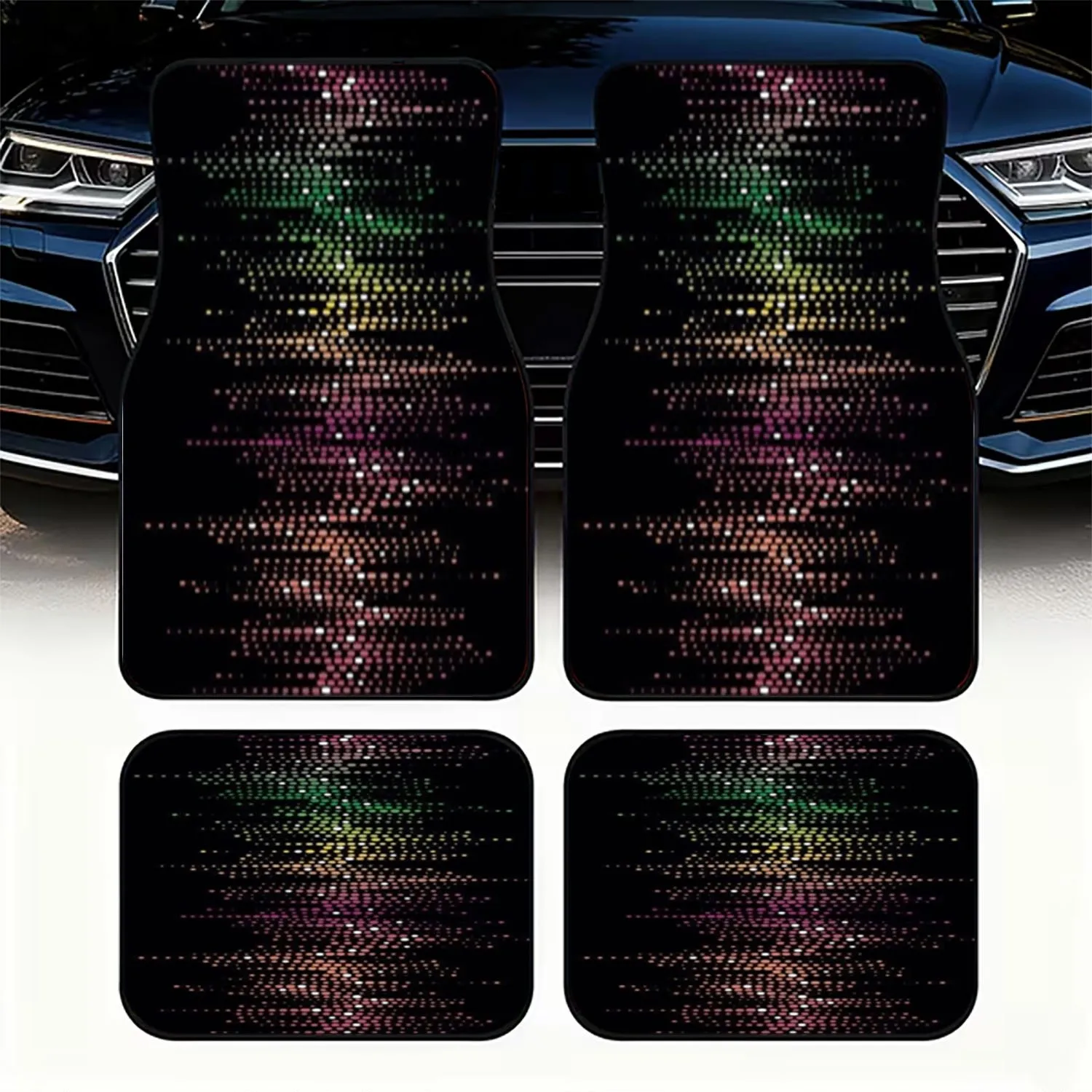 Car Floor Mats 4-Pack Set, Multicolored Dots Polyester, Pink-Purple-Red-Orange-Yellow-Green Gradient, Vibrant Dynamic Design, Ea