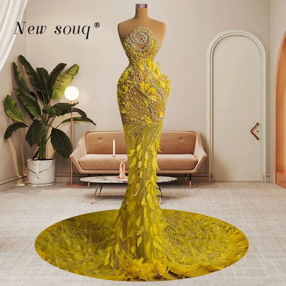 

Потрясающие вечерние платья с желтыми перьями без рукавов с юбкой-годе с большим шлейфом и кристаллами из бисера сексуальное платье для торжественных мероприятий