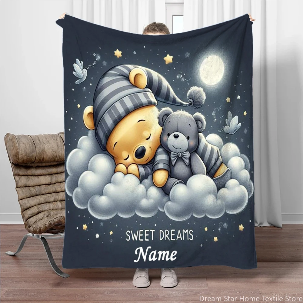 

Personalized Bear Themed Throw Blanket With Custom Name Print,Keep Warm Comfortable Blanket for Picnic Beds Sofa Home Bedroom