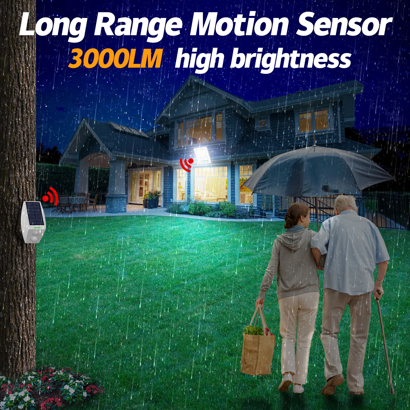 intelamp 12000mah 3000LM Outdoor Solar Light With Larger Solar Panel Two Motion Sensors Floodlight High Brightness For Garden