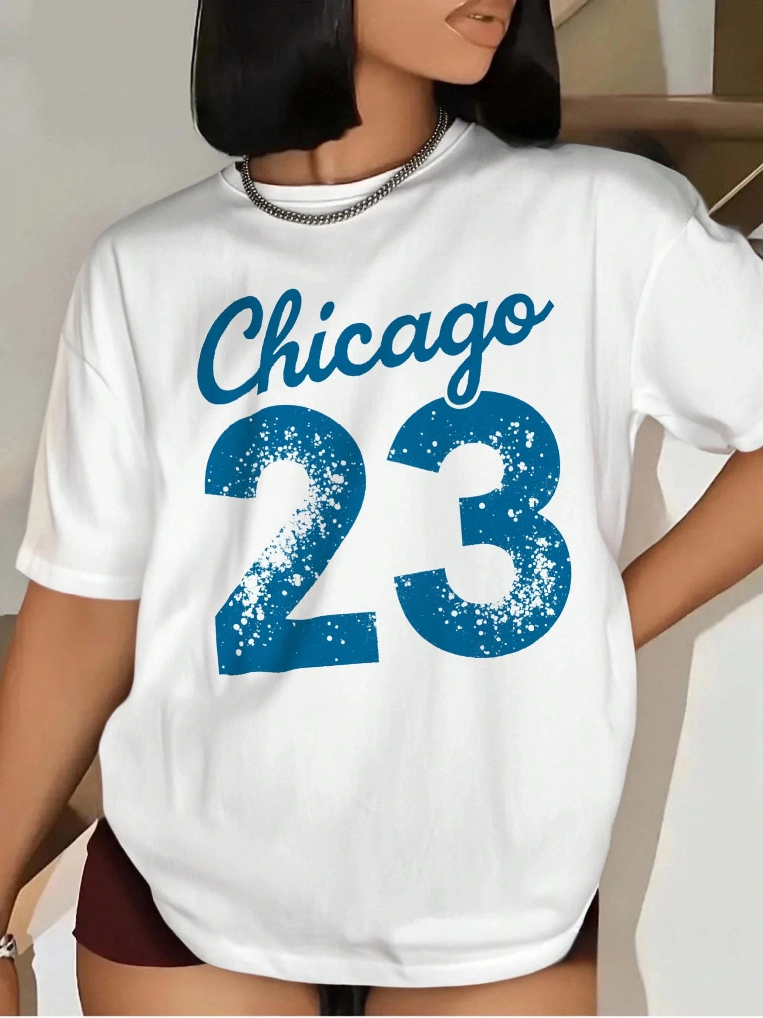 شيكاغو رقم. 23 تي شيرت نسائي من القطن الخالص مطبوع ريترو 2026 صيفي يجب أن يكون متعدد الاستخدامات Harajuku نمط الشارع قمة الموضة الجديدة