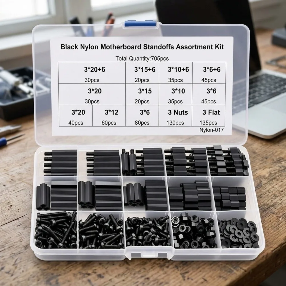 705Pcs Nylon Standoffs Screws Nuts Set Black Hex Spacers Assortment For Motherboard 3D Robotics Electronics Hardware