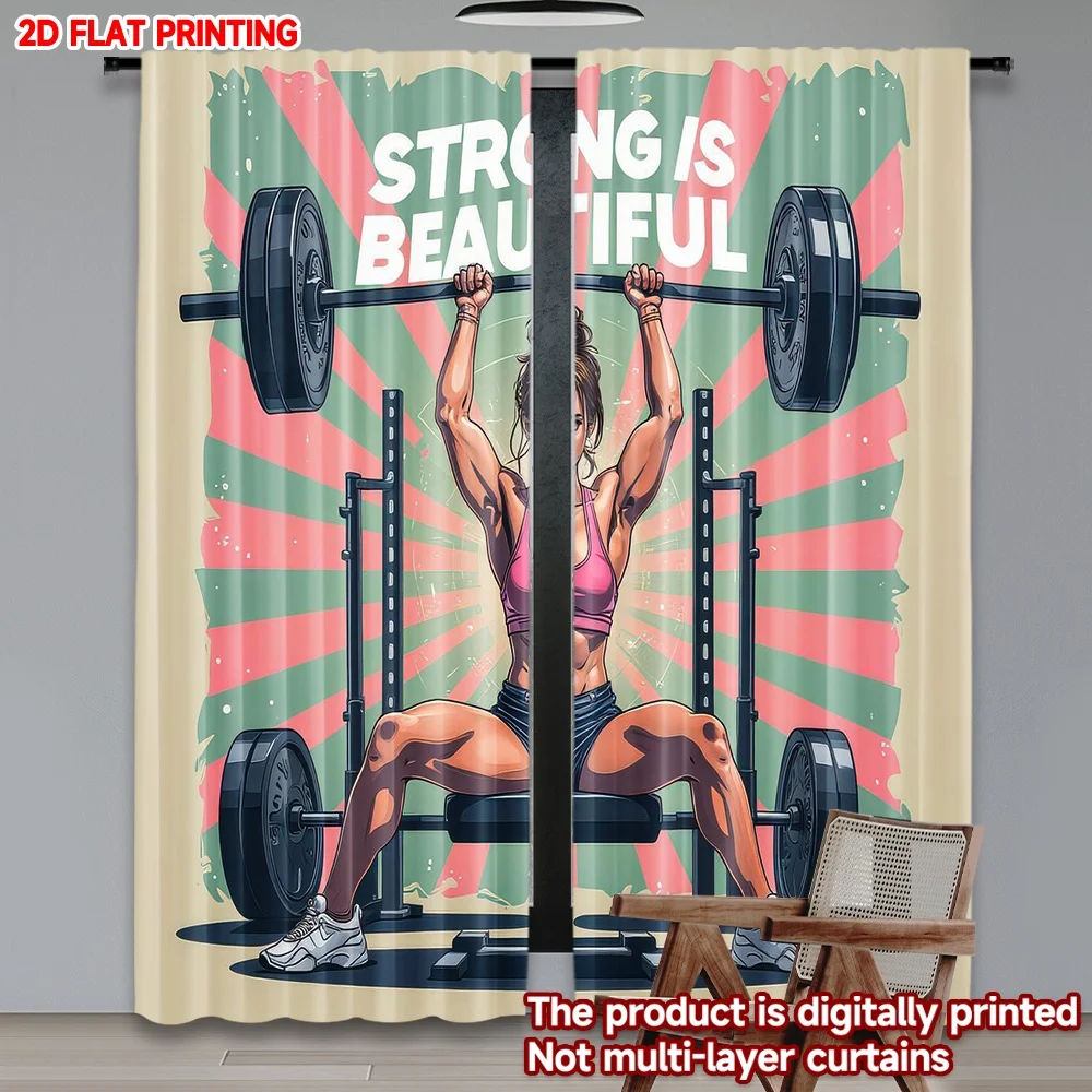

2D flat printing 2pcs Party Curtains Strong Woman Weightlifting Digital Printed Polyester Drapes Festive Holiday for Photo