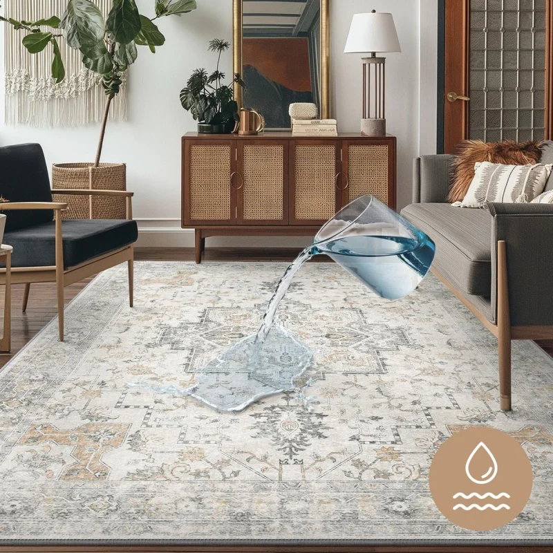 VIKAMA Retro Bohemian Machine Washable Carpet Bedroom Living Room=Anti Stain, Anti Oil, Anti Slip Carpet Home Decoration