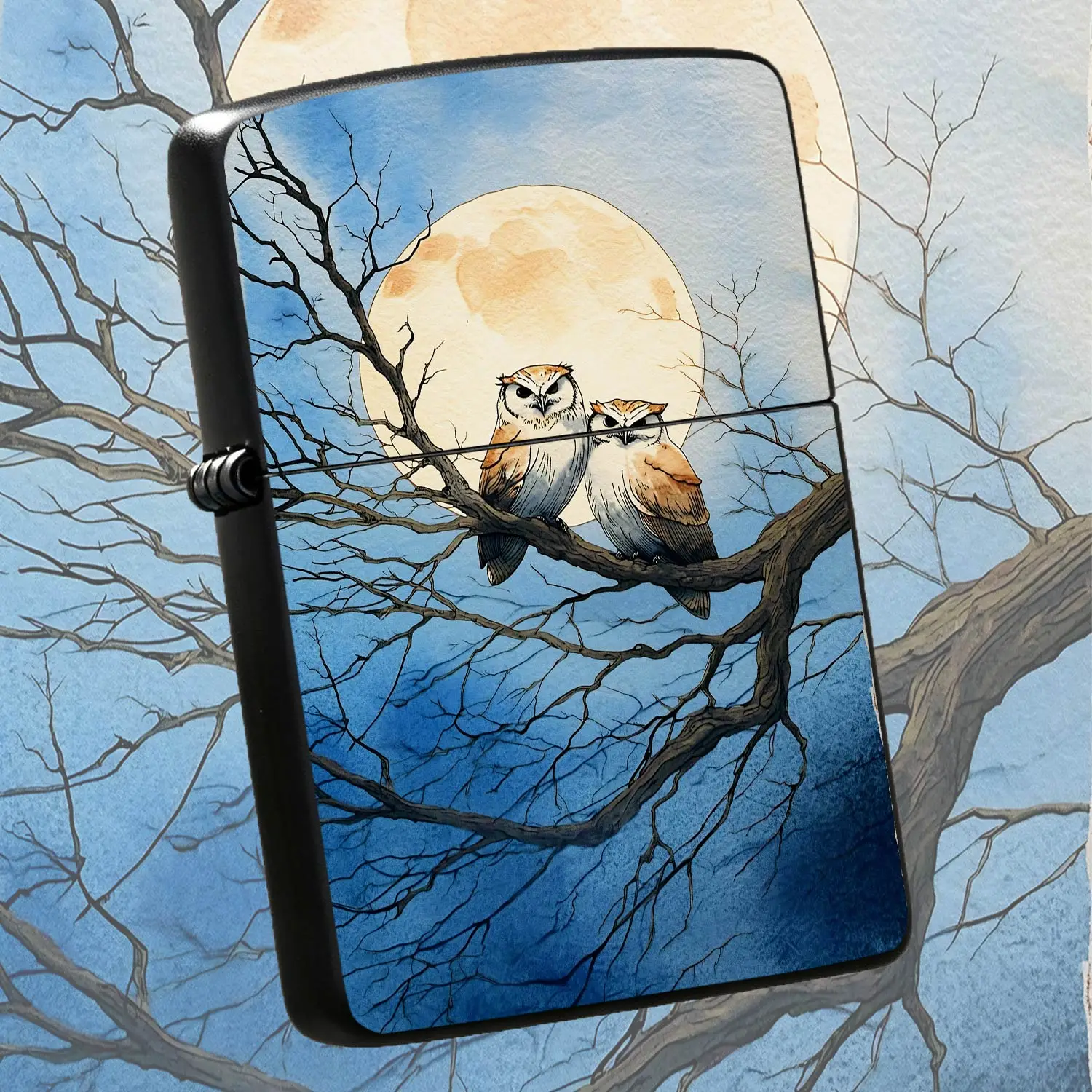 Creative Night Full Moon Two Owls On Bare Branch Lighter, Artistic Watercolor Painting Style Decorative Igniter, Portable Delicate Practical Tool For Daily Outdoor Camping Hiking, Festive Holiday Gifting Present For Nat A Humorous And Inter