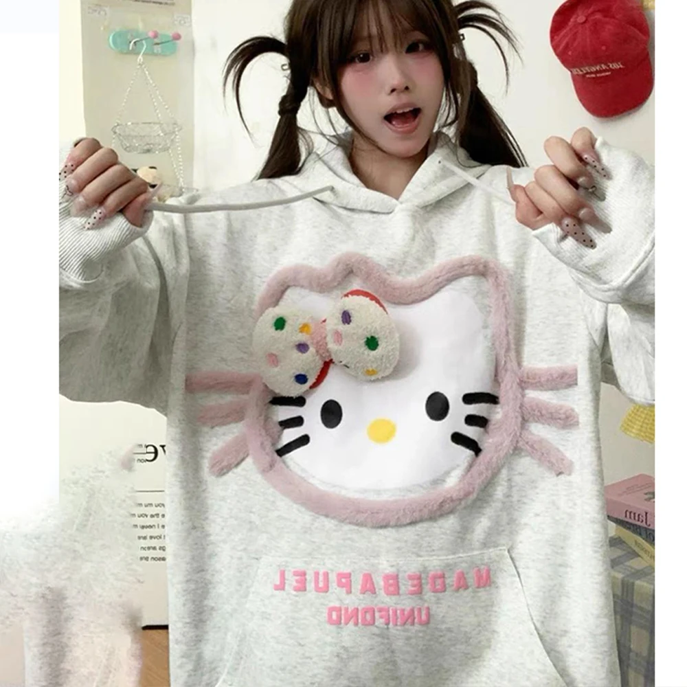 Sanrio Hello Kitty Plush 3D Embroidered Sweatshirt Sweatshirt Cartoon Autumn Winter Couple Hooded Sweatshirt for Women Men Tops