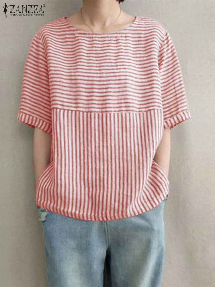 ZANZEA Summer Fashion Striped Blouse Women Half Sleeve O-neck Tops Casual Loose Shirt Female Elegant OL Work Blusas Oversize