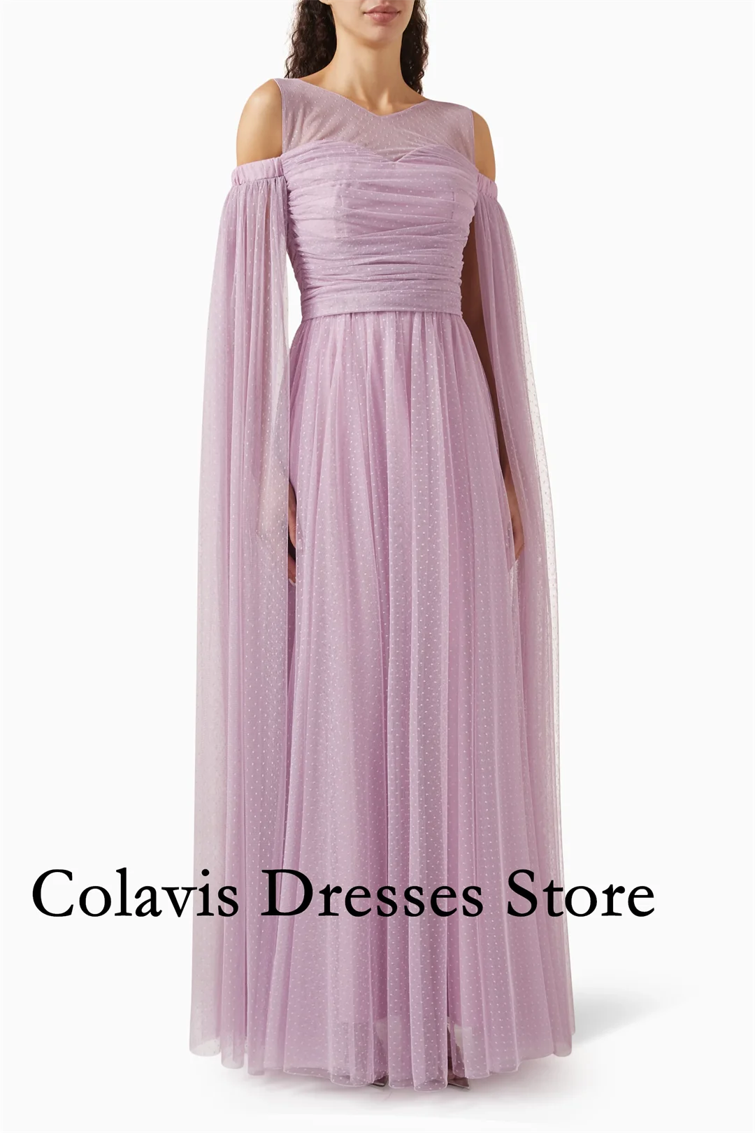 

2025 Customized Ruched Maxi Dress in Polka Tulle Cape Sleeves Prom Dresses Evening Dress Women Evening Gowns Formal Party Dress