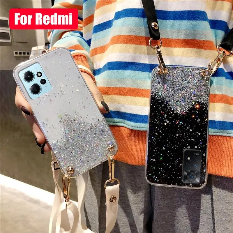 Note12 Note11 Crossbody Lanyard Glitter Clear Case dla Xiaomi Redmi Note 12 11 Pro Plus 4g 5g 12s 11s Cord Silicone Cover 12pro