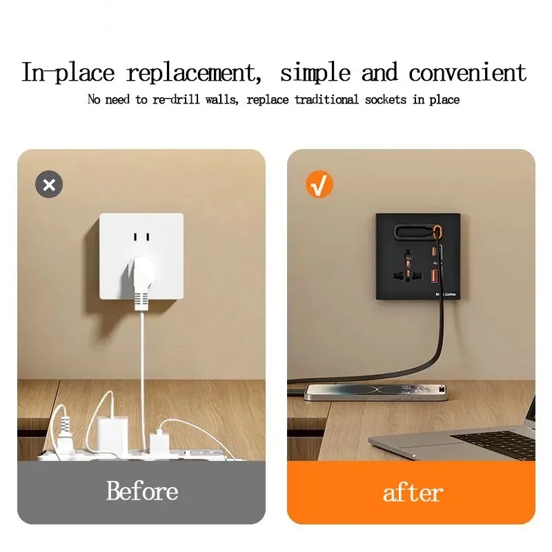Universal Multi-Function Type 86 Concealed 3-Hole 20W Fast Charging Type-C Retractable Cable USB 70CM with 2 Round Holes for UK