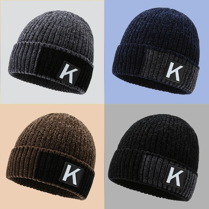 Winter Men Beanies Velvet Lining Warm Male Knitted Hat Fashion Stripe Crochet Bonnet Thick Plush Outdoor Ski Skullies Cap Gorras