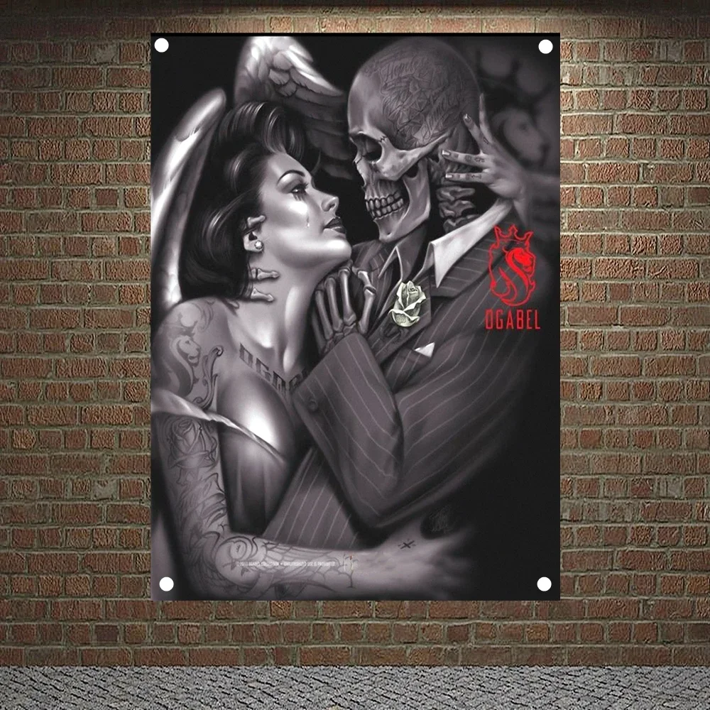 

Girl and her skeleton husband Flag Banner Wall Hanging Painting Gothic Tattoo Art Poster Wall Sticker Home Decor Mural Tapestry