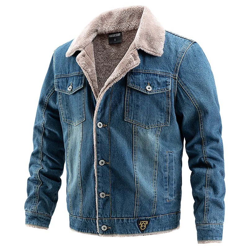 Men's Autumn Winter Fleece Thickened Denim Jacket, Plus Size Casual Trendy Coat Foreign Trade Men's Outwear