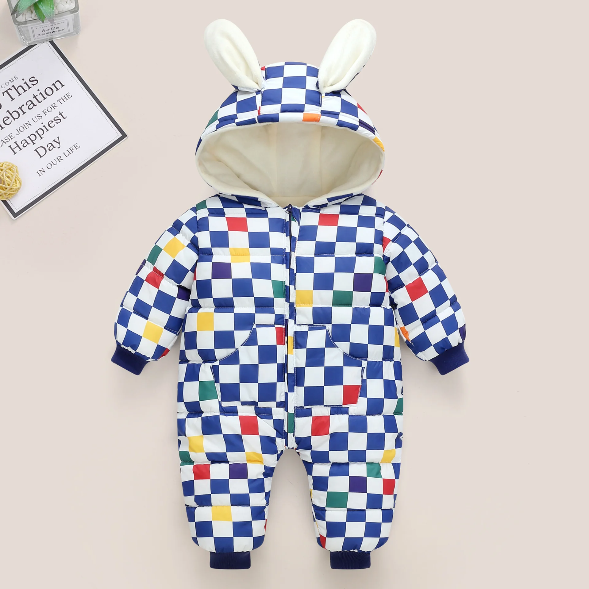 

Winter New Checkered Dinosaur Bear Cartoon Cute Print Plush Thickened Pants Hooded Rabbit Ears Warm Climbing Clothes