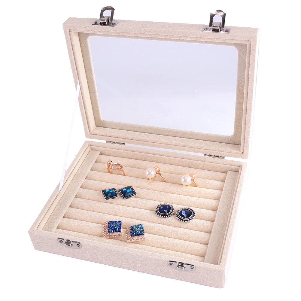 

Clear Lid Jewelry Rings Earrings Tray Showcase Display Storage Box Organizer Gift for Girls and Women (Beige)