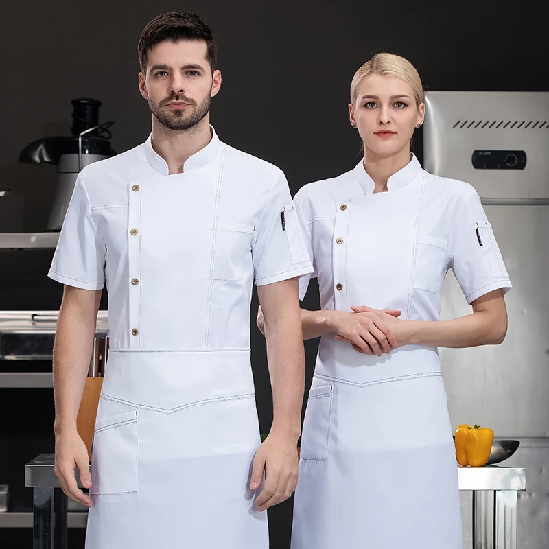 Uniforme de chef manga curta masculino, casaco de cozinha, roupa de trabalho preta, jaqueta respirável, shorts verão, restaurante, cinza