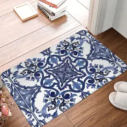 Blue Ornate Floral Mediterranean Sicilian Tile Anti-slip Doormat Floor Mat Carpet Rug for Kitchen Entrance Home Footpad Mats