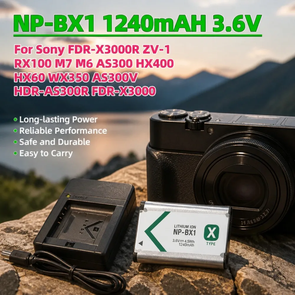 NP-BX1 1240mAH 3.6V Battery for Sony FDR-X3000R ZV-1 RX100 M7 M6 AS300 HX400 HX60 WX350 AS300V HDR-AS300R FDR-X3000