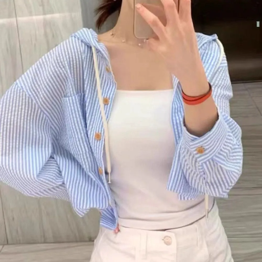 

All-match Drawstring Striped Hooded Shirt Retro Loose Long Sleeved Shirt Hoodies Sunscreen Sweatshirts for Women Streetwear