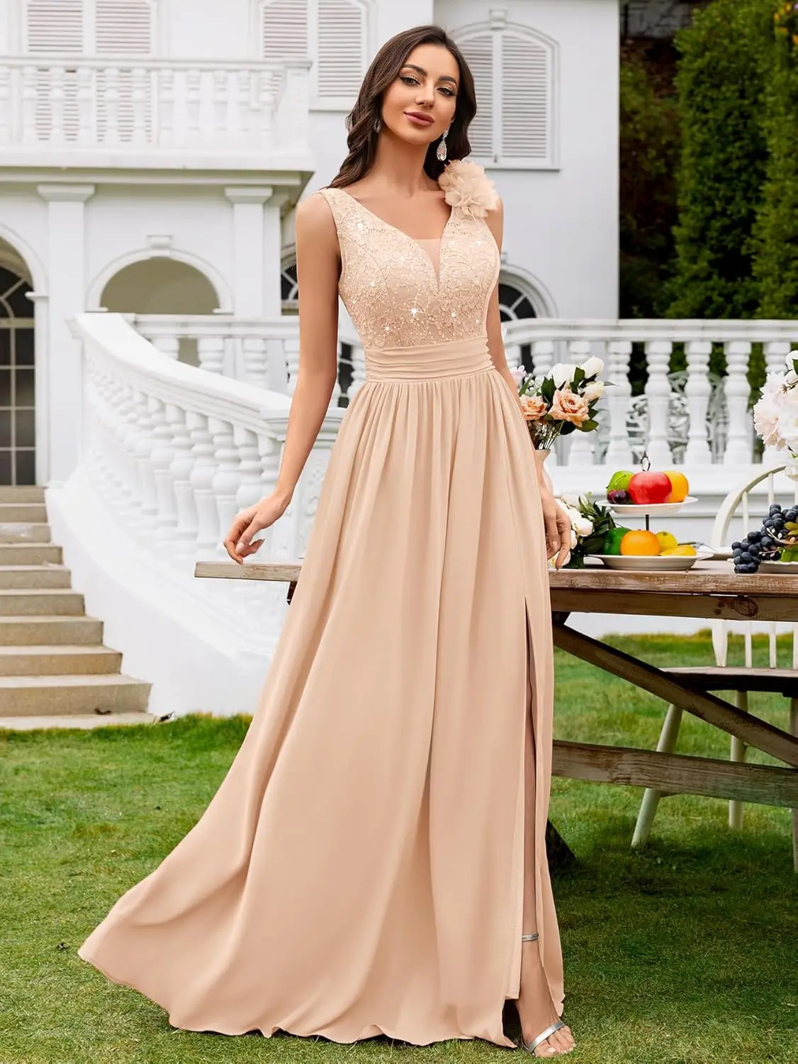 Damen-Abendkleid im Vintage-Stil, V-Ausschnitt, ärmellos, mit Pailletten, geteilt, elegant, formelle Partykleidung