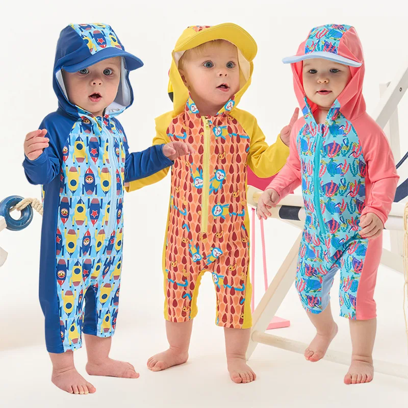 Boys Girls One-piece Swimsuit Kids Cartoon Print Long Sleeve Hooded Sun-protective Quick-dry Surfing Bathing Suit Baby Swimwear