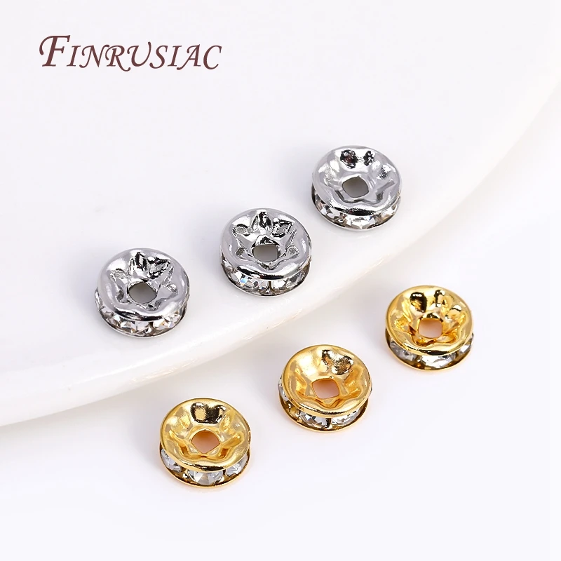 50/100pcs Round Loose Spacer Beads For Bracelet Making Accessories 4/6/8mm 18K Gold Plated Rhinestone Rondelles Crystal Beads