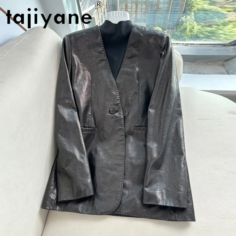 TAJIYANE Genuine Leather Jacket Woman Oil Waxed Goatskin Outerwear V-neck Jackets for Woman Mid Length Blazer Femme Trench Coat