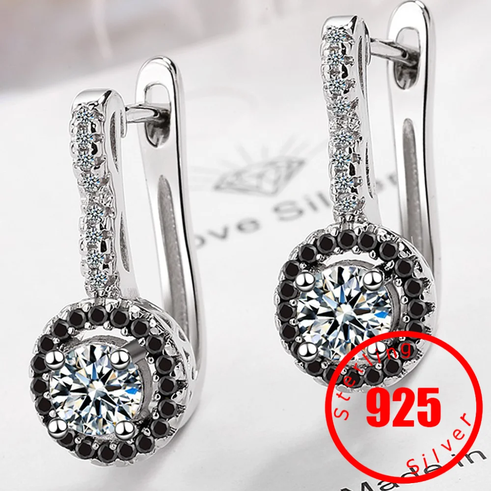 2024 New Vintage Genuine Stamp 925 Sterling Silver Engagement Hoop Earrings for Women with Black&White Stone Jewelry Brincos