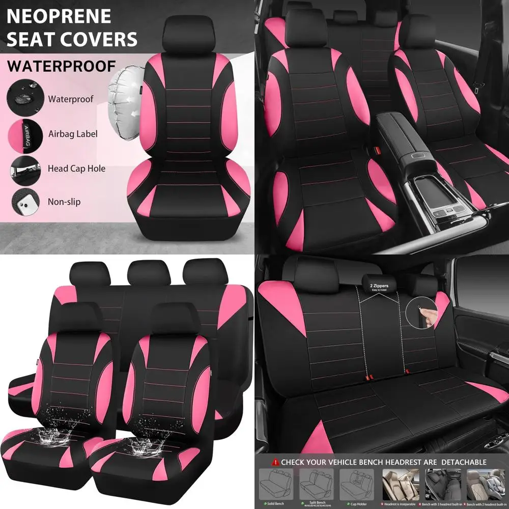 

Universal Waterproof Seat Covers for Cars, SUVs, Vans, Sedans, and Trucks - Full Set, Black Pink Neoprene Interior Protection