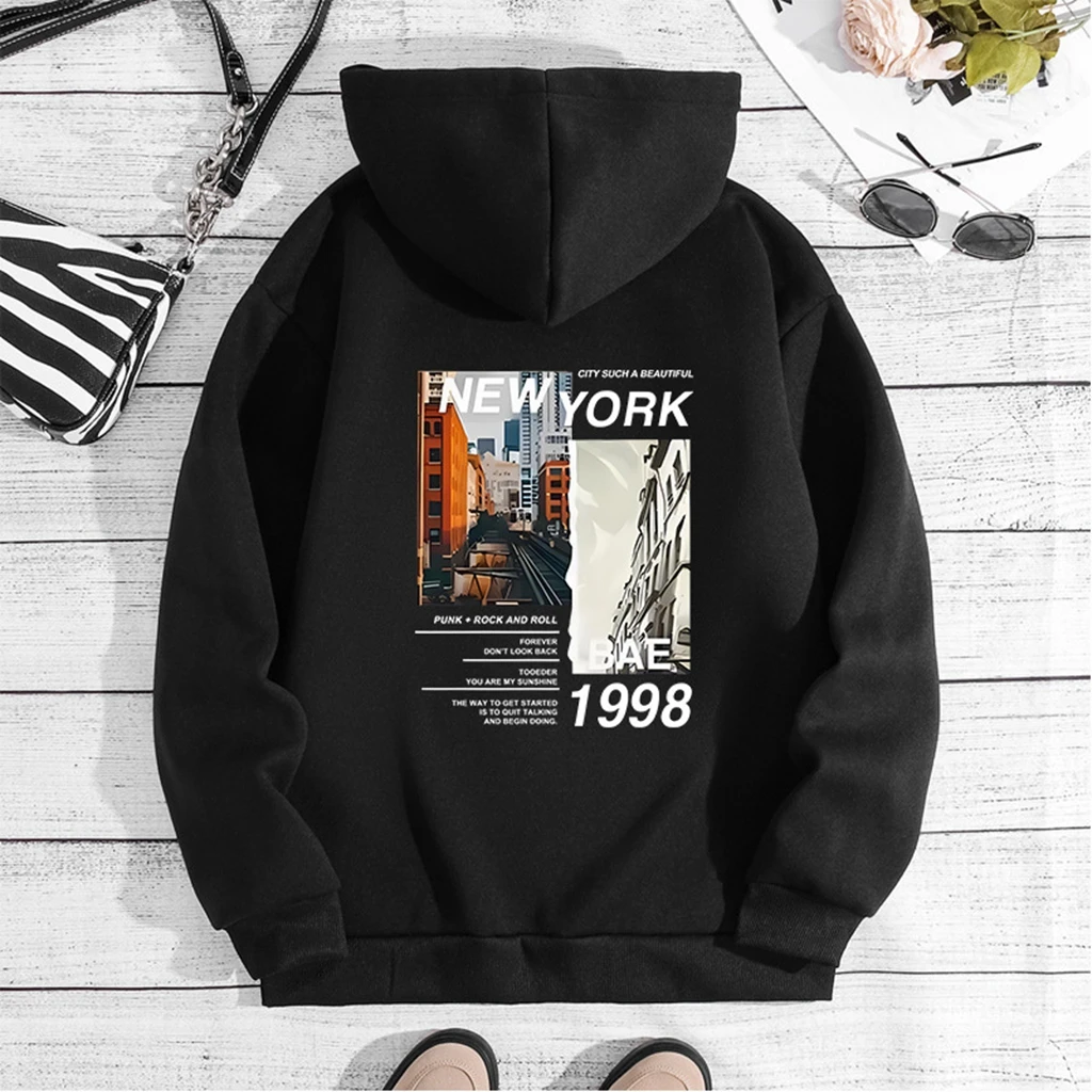 kpop Black Hoodie NEW YORK CITY PRINTE Women Men Autumn Sweatshirt Pullover Hoody Kpop 2pcs Clothes For Youth Fans