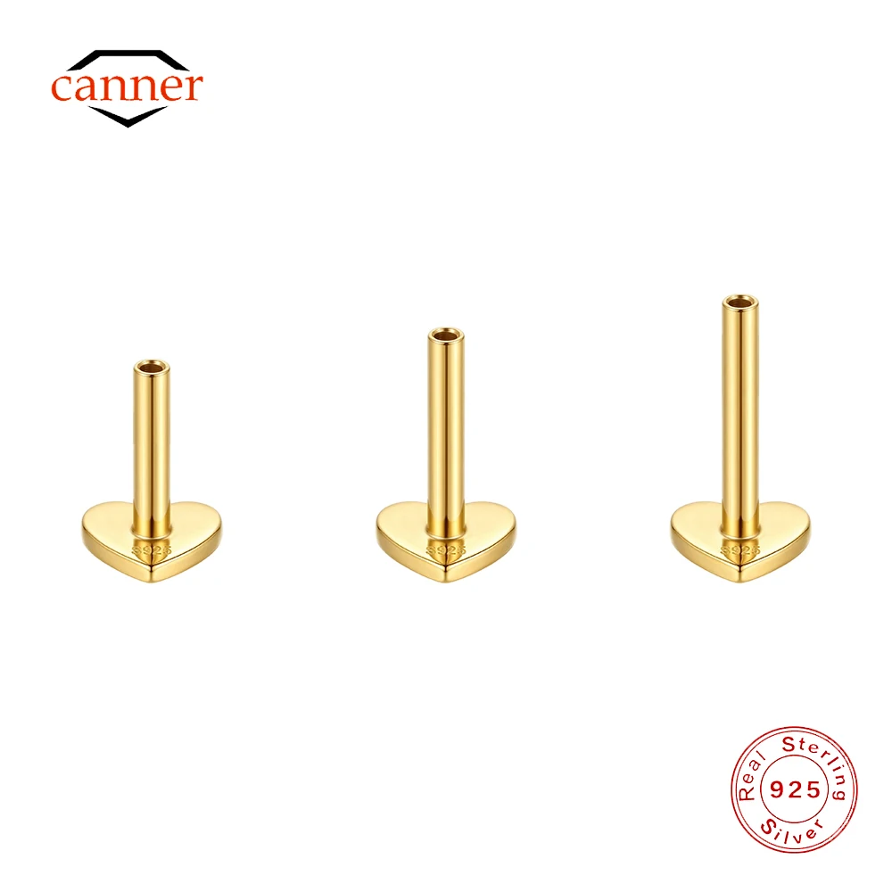 

CANNER 1PC 5/6/8mm 925 Sterling Silver Heart Flat Head Post Cartilage Piercing Accessory For Women 18K Gold Plated Fine Jewelry