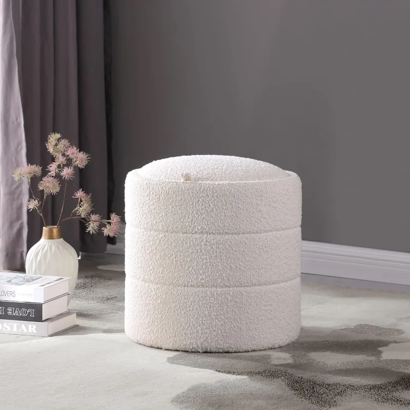 Storage Round Ottoman with Removable Lid Home Décor|Upholstered Round Foot Rest Ottoman - Cream Boucle