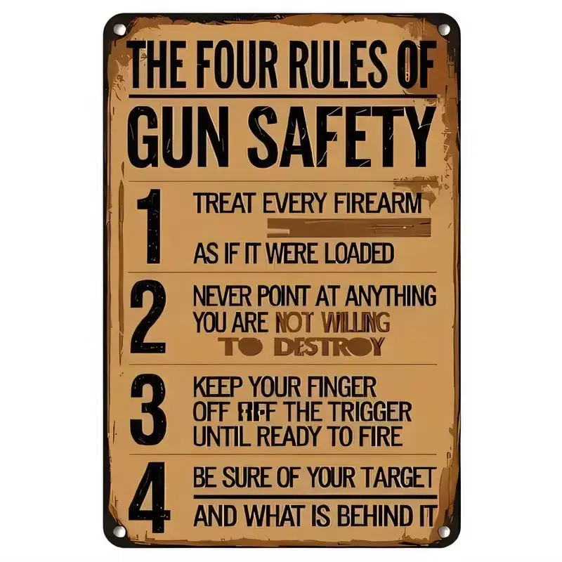 Vintage Four Rules of Gun Safety Metal Tin Sign - Retro Wall Decor, Brown & Black, Iron, Perfect for Home/Office/Gun Room Decora