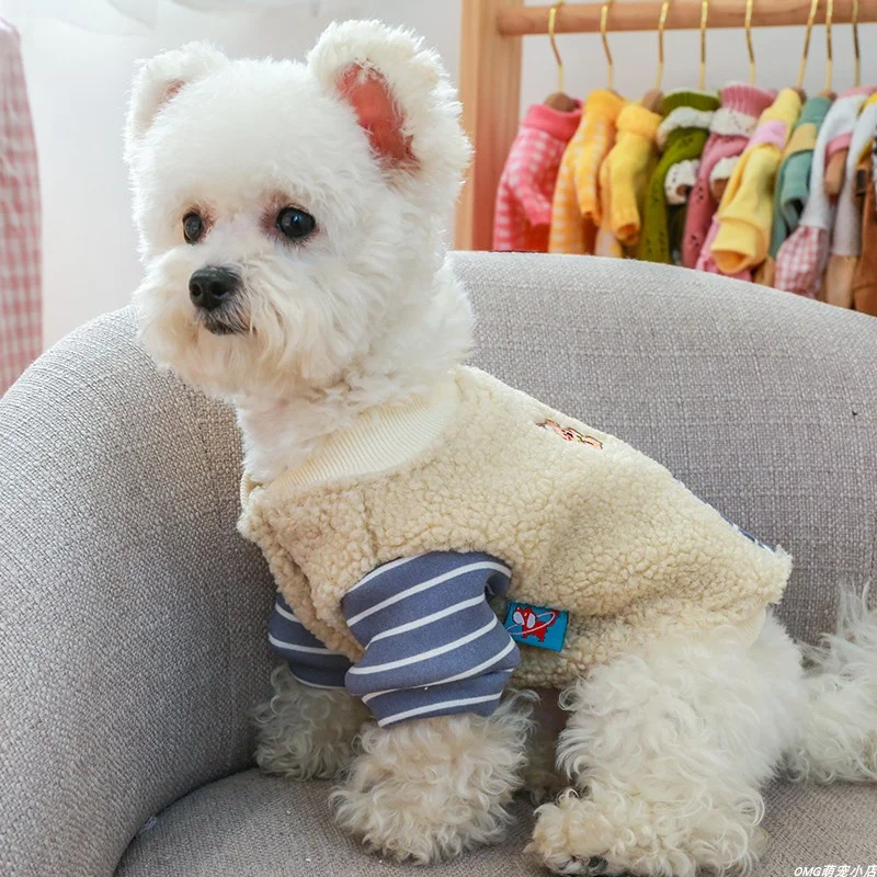 1PC pet clothing autumn and winter velvet blue striped gingerbread dog jacket suitable for small and medium-sized dogs