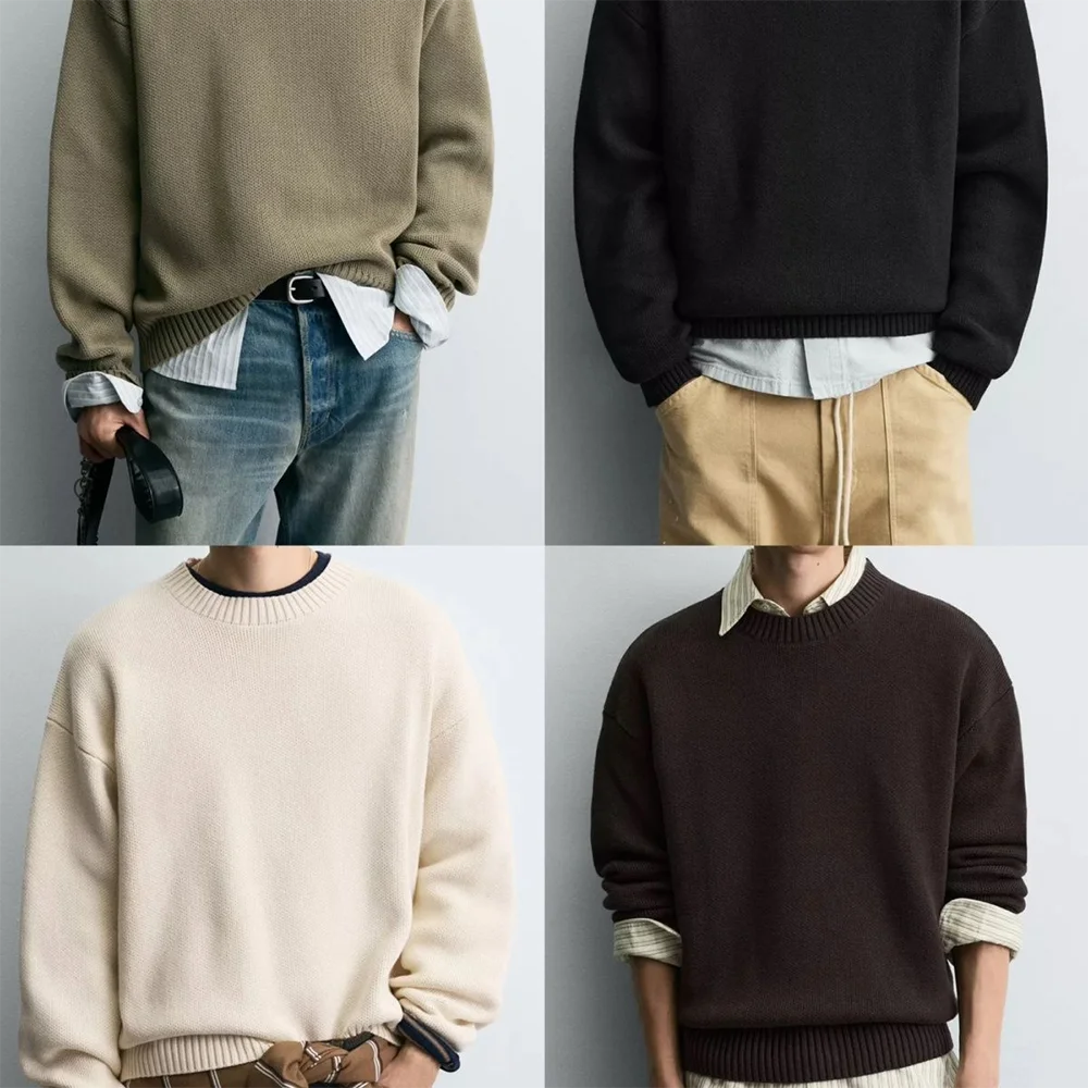 

Новый зимний мужской однотонный свитер с длинными рукавами, американский ретро-модный тренд, уличные простые повседневные свободные нишевые мужские топы 2025