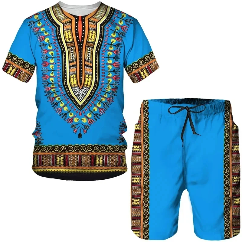 Men\'s African Print T-Shirt Suit Traditional Dashiki Ethnic Style Clothing Retro Streetwear T-Shirt Suit and Shorts Sportswear