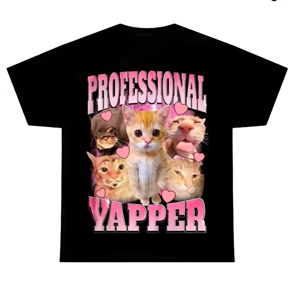 Circle Circle Cute Kitten and Letter Print T-Shirt Small Animals Cat Lovers Unisex Retro Street Y2K Casual Fashion Tops Clothing